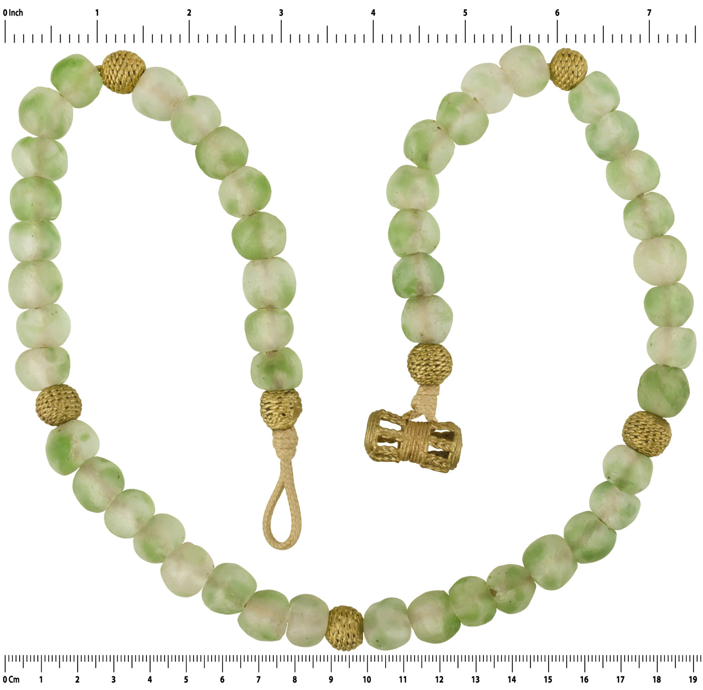 Handmade Green Beaded Glass Necklace With African Trade Beads & Brass - cropped detail