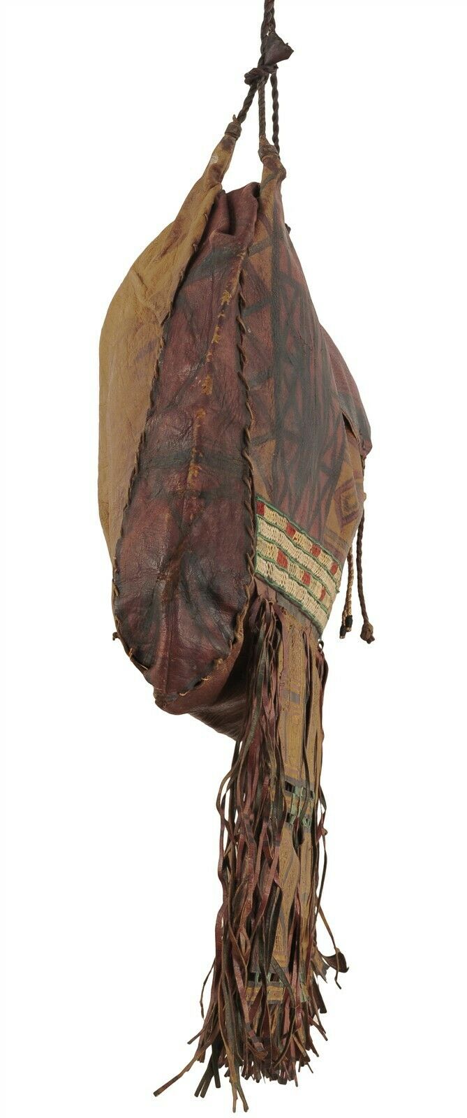 Authentic Tuareg Leather Bag with Colorful Sahara Strips & Fringe