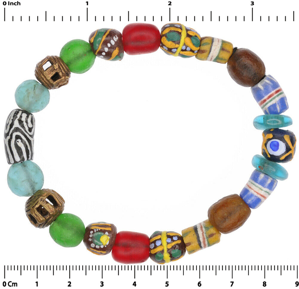 Handmade Beaded Bracelet - African Glass & Brass Beads - partial view