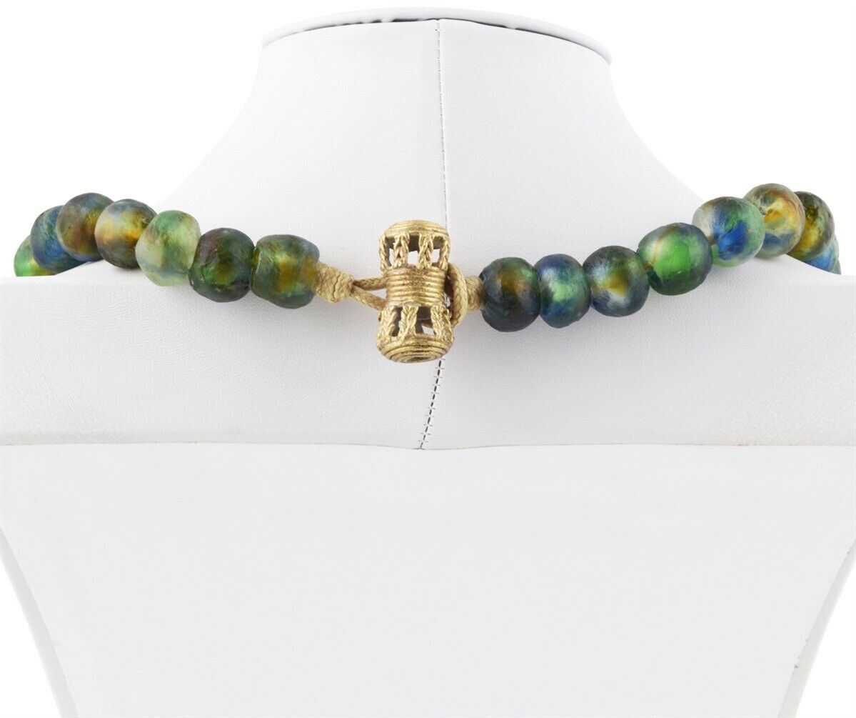 Recycled Powder Glass Beads Handmade Krobo Brass Ashanti African Tribal Necklace - zoomed-in detail