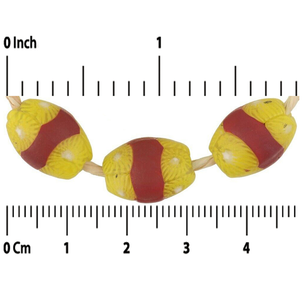 Antique Red Banded Oval Millefiori Venetian Mosaic Glass Trade Beads - close-up