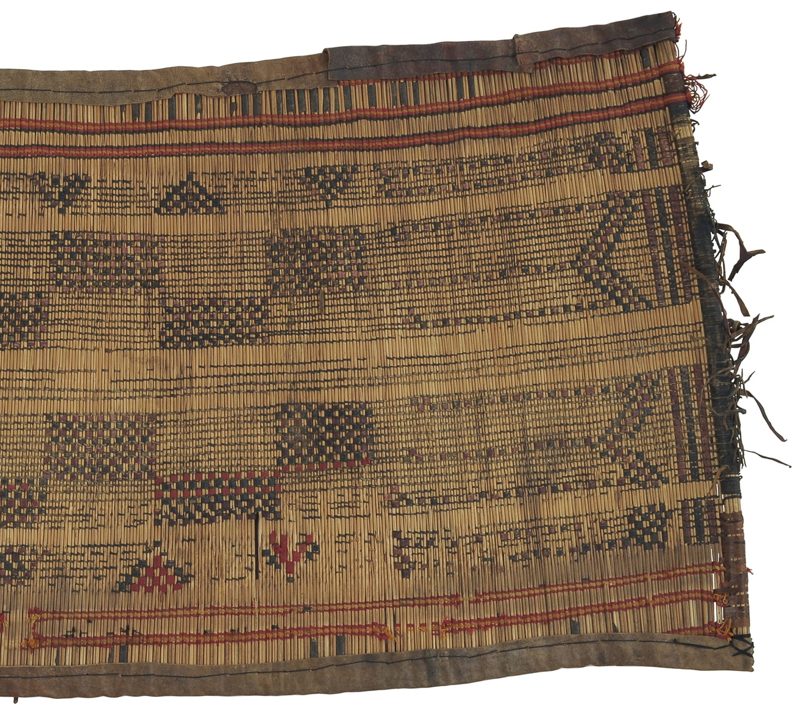 Vintage Tuareg Straw Mat With Leather Accents - Authentic African From Niger - close-up
