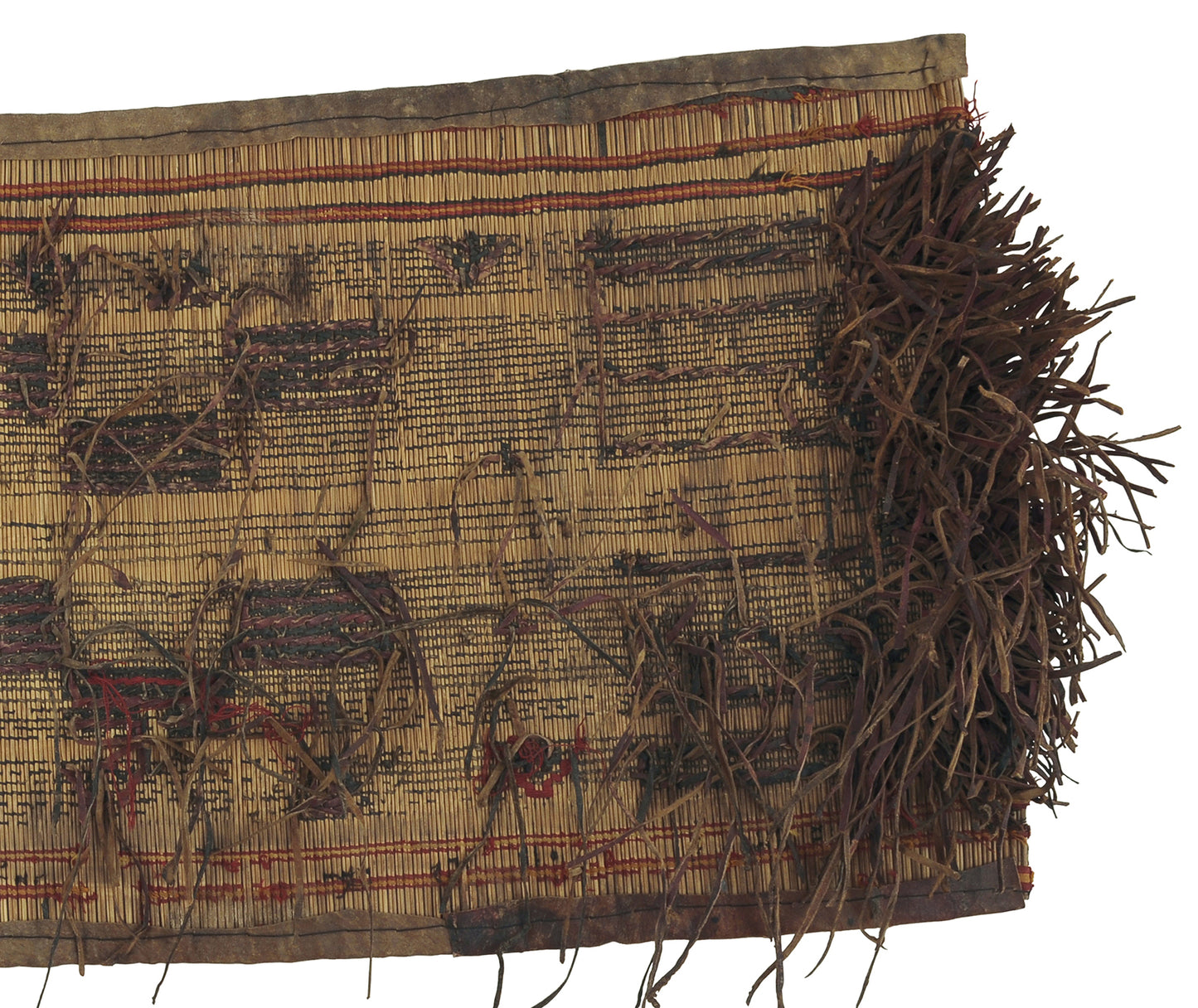 Vintage Tuareg Straw Mat With Leather Accents - Authentic African From Niger - angled shot