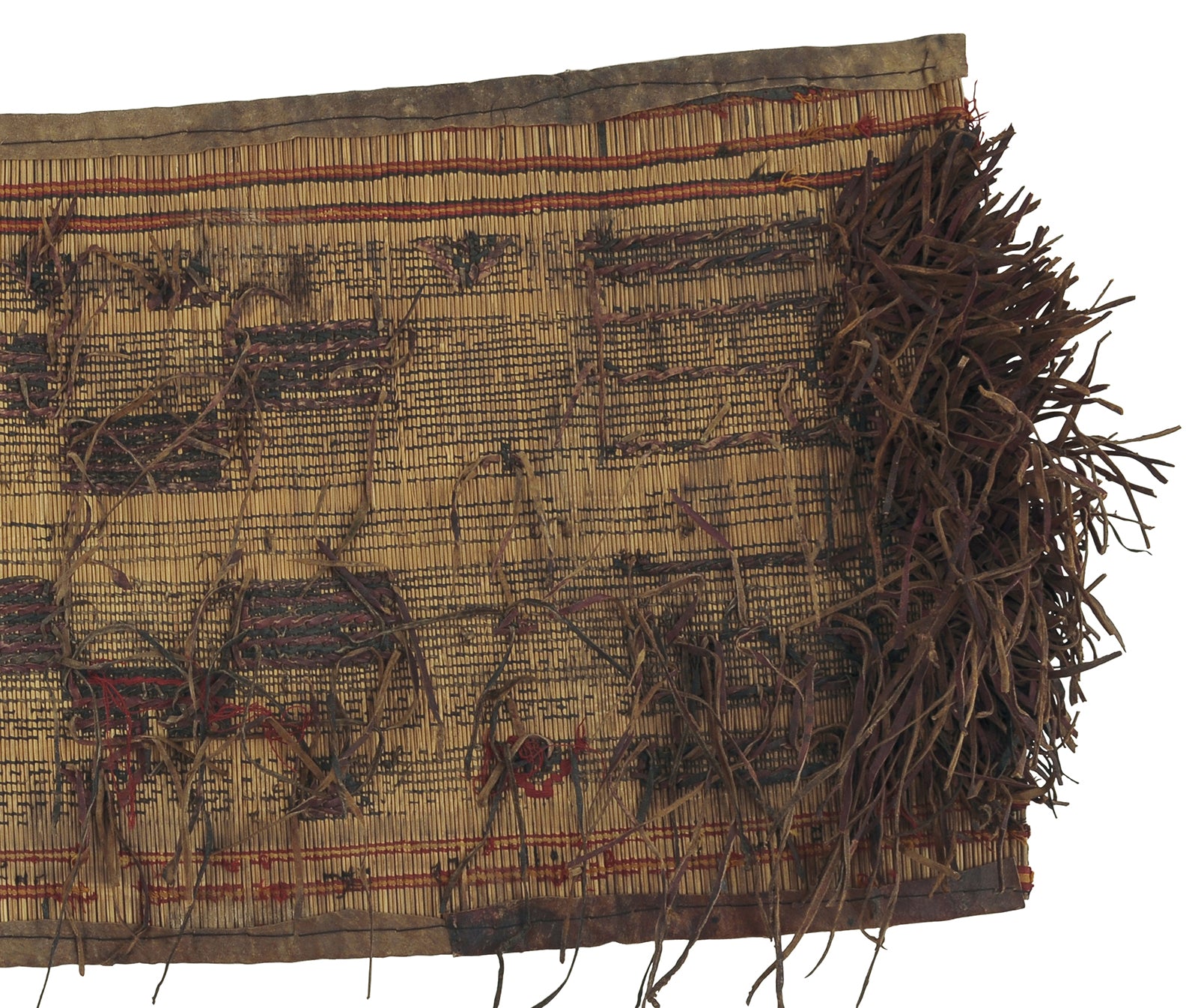 Vintage Tuareg Straw Mat With Leather Accents - Authentic African From Niger - angled shot