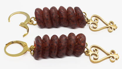 Handmade African Earrings & Sankofa Pendant With Amber-Colored Glass Beads - zoomed-in detail
