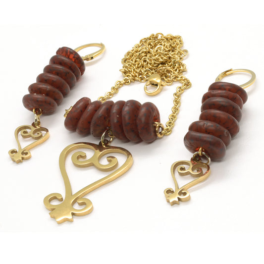 Handmade African Earrings & Sankofa Pendant With Amber-Colored Glass Beads