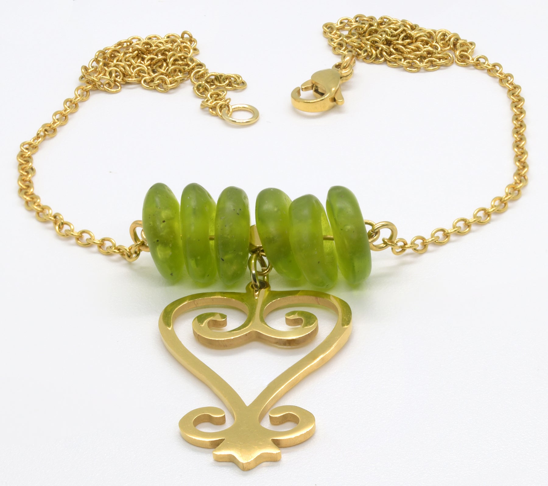 Handmade African Earrings & Pendant With Lime Green Beads & Sankofa Adinkra Symbol - close-up