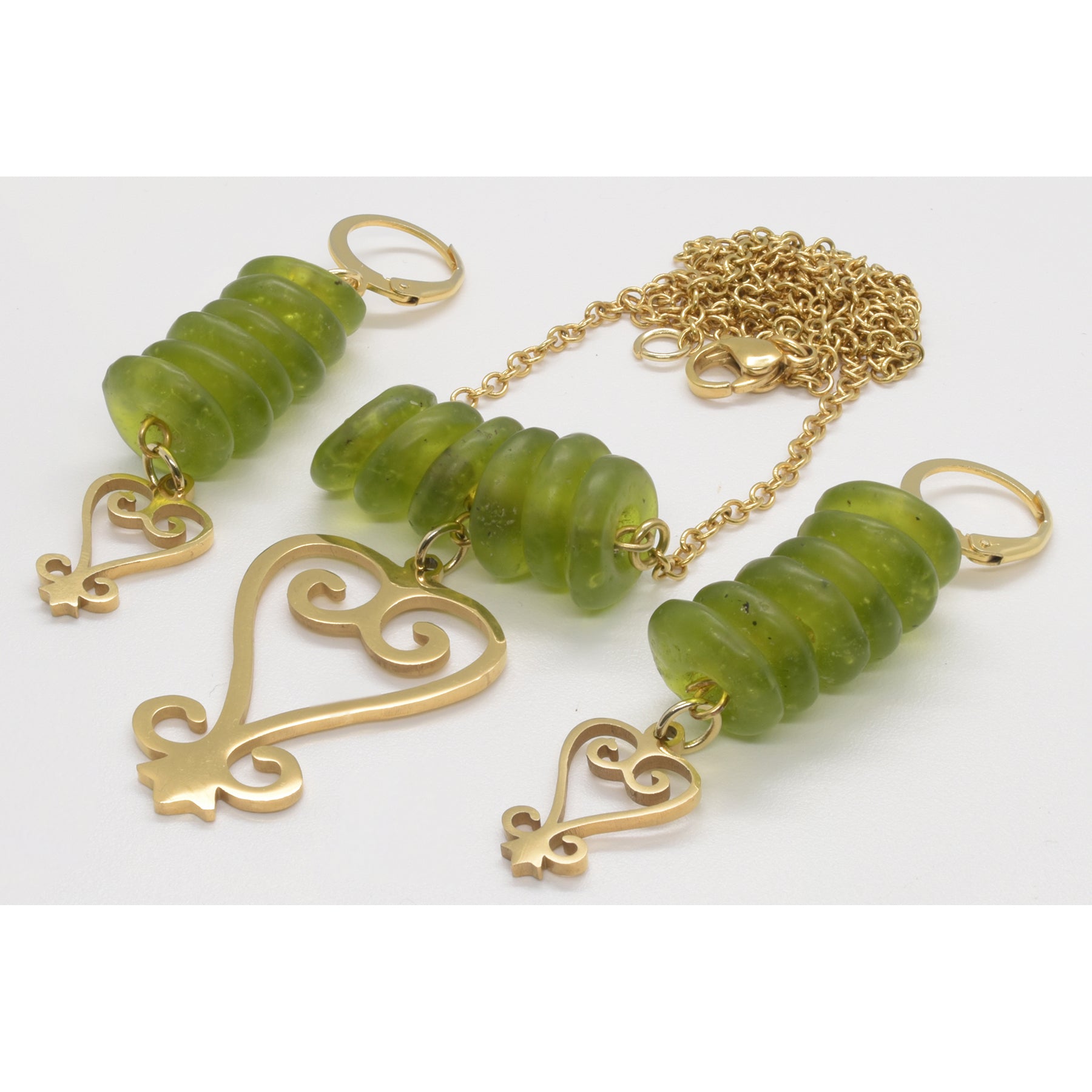 Handmade African Earrings & Pendant With Lime Green Beads & Sankofa Adinkra Symbol