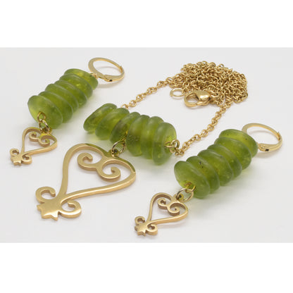 Handmade African Earrings & Pendant With Lime Green Beads & Sankofa Adinkra Symbol