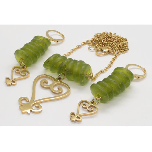 Handmade African Earrings & Pendant With Lime Green Beads & Sankofa Adinkra Symbol