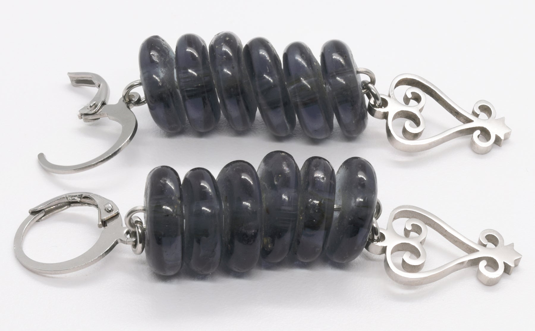 Handmade African Earrings & Pendant With Smoke Gray Beads & Adinkra Sankofa Symbol - product focus