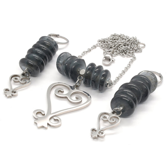 Handmade African Earrings & Pendant With Smoke Gray Beads & Adinkra Sankofa Symbol