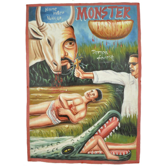 Hand-Painted Monster Movie Poster - 59"X40" Ghanaian Artwork - horror scene artwork