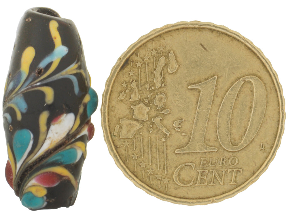 Rare Black "Floral" Antique Venetian Lampwork Glass Trade Bead, 21X10Mm - alternate view