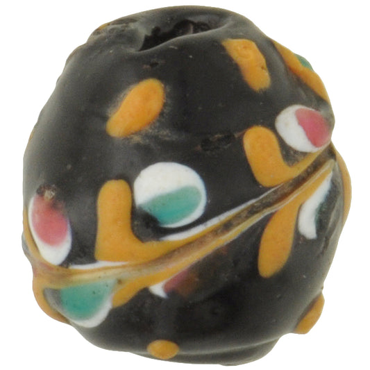Rare Antique Black Floral Venetian Lampwork Trade Bead, 13X12Mm