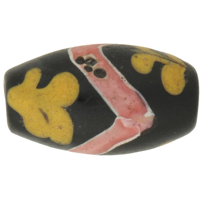 Rare Antique Black Floral Venetian Glass Trade Bead, 17X10Mm