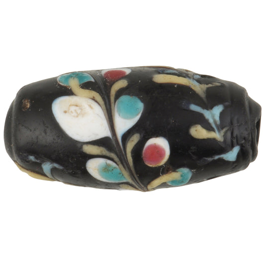 Rare Black "Floral" Antique Venetian Wound Glass Trade Bead, 19X9Mm