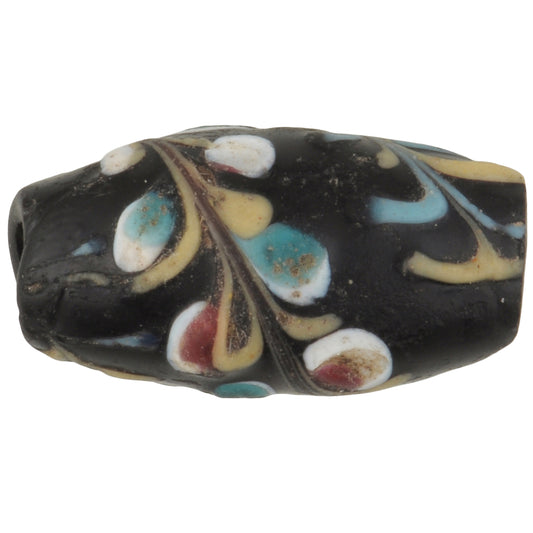 Rare Black Floral Antique Venetian Lampwork Trade Bead With Raised Decoration