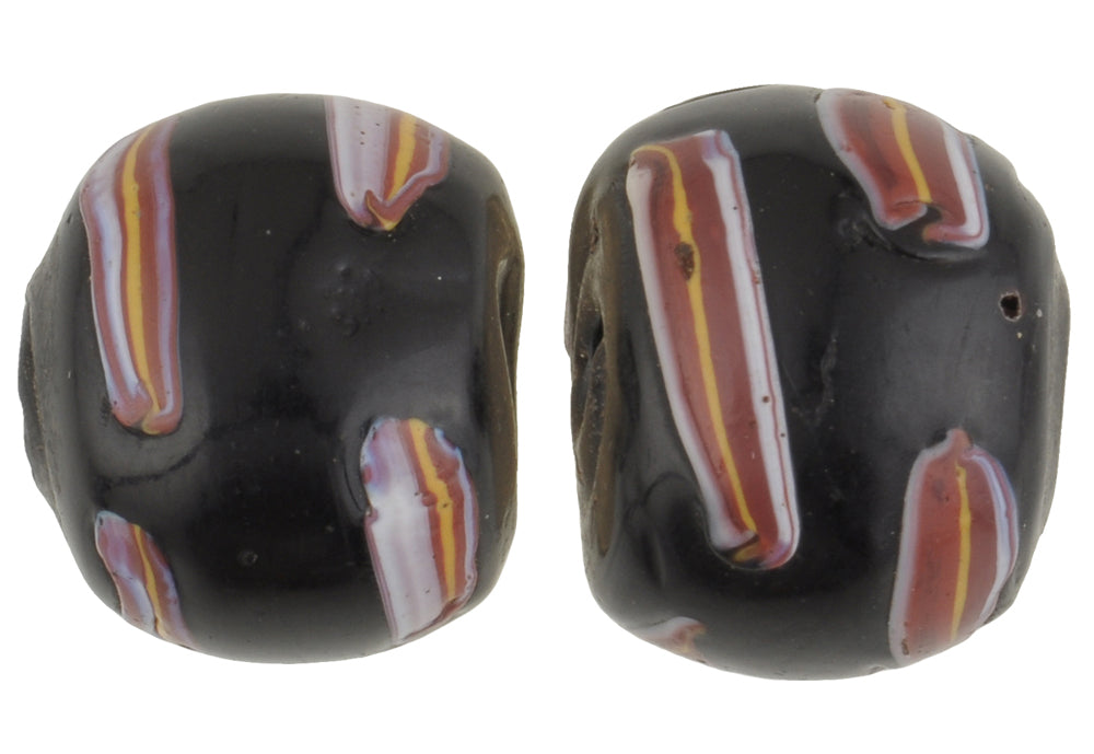 Rare Antique Black Fancy Venetian Wound Glass Trade Beads Pair 13X11Mm - alternate view