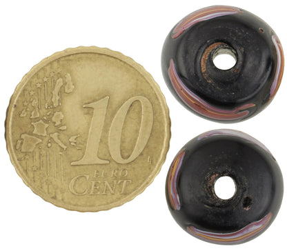 Rare Antique Black Fancy Venetian Wound Glass Trade Beads Pair 13X11Mm - close-up