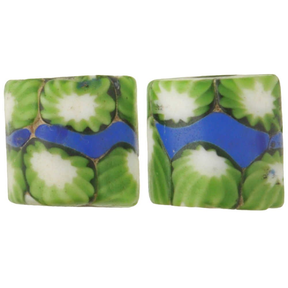 Antique Blue Banded Millefiori Venetian Mosaic Trade Beads, 12X11Mm Pair