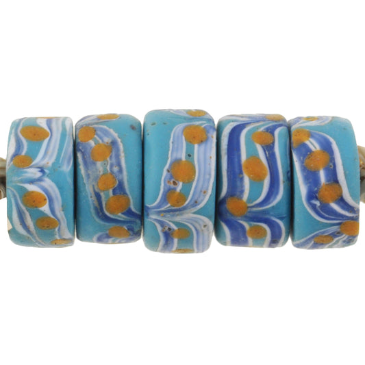 Rare Blue Floral Venetian Lampwork Glass Trade Beads, 9-10Mm