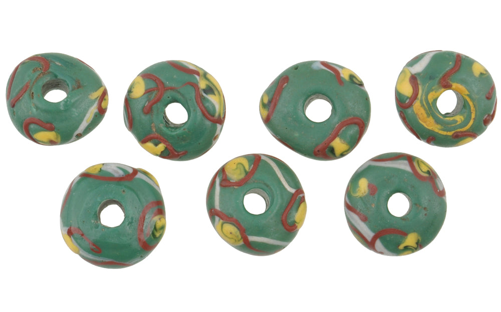 Rare Old Green Fancy Venetian Lampwork Trade Beads, 10Mm - African Trade Beads - close-up