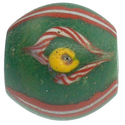 Rare Green "Fancy" Venetian Wound Glass African Trade Bead, 14X13Mm