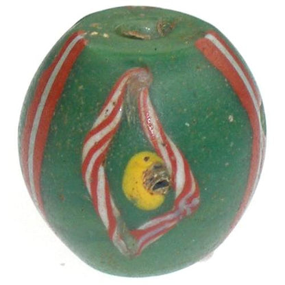 Rare Green "Fancy" Venetian Wound Glass African Trade Bead, 14X13Mm - alternate view