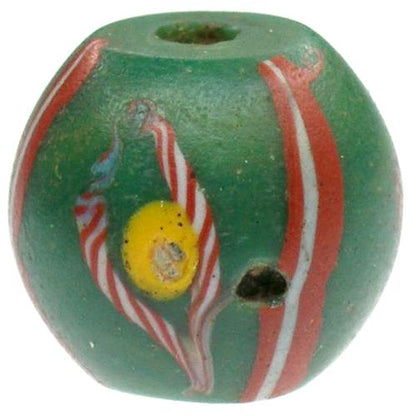 Rare Green "Fancy" Venetian Wound Glass African Trade Bead, 14X13Mm - close-up