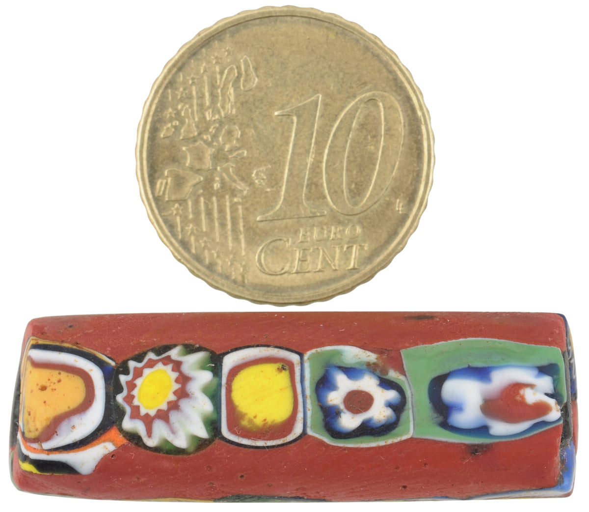 Rare Antique Red Venetian Millefiori Mosaic Glass Trade Bead 37X12Mm - close-up