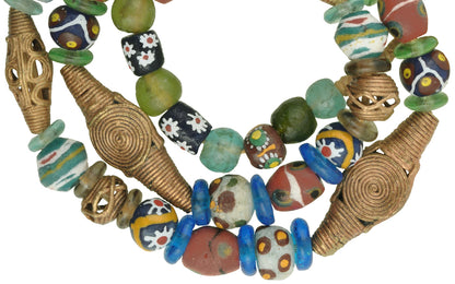 Mixed African Trade Beads: Krobo Glass & Brass Beads From Ghana - close-up