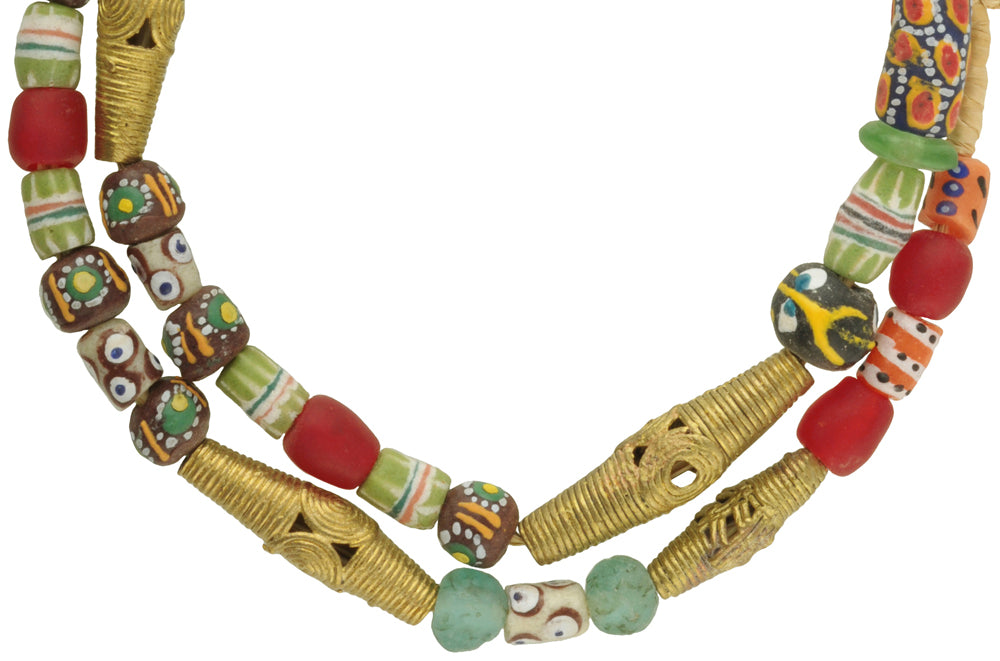 Mixed Krobo Glass And Brass Beads - Recycled African Trade Beads - close-up