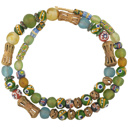 African Trade Beads: Krobo Glass & Lost Wax Brass Beads Strand