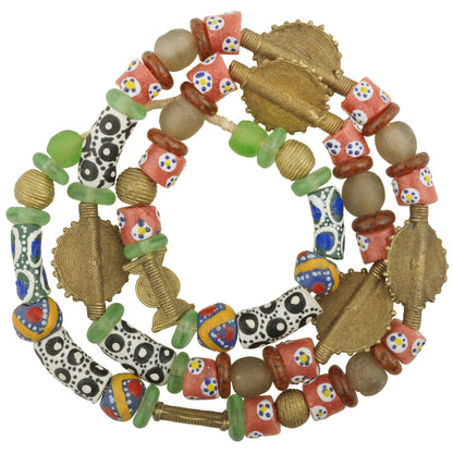 African Trade Beads: Krobo Glass & Brass Beads, 28" Strand
