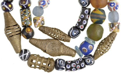 Recycled Krobo Glass & Brass Trade Beads Strand From Ghana - close-up