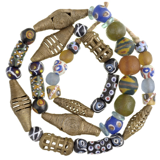 Recycled Krobo Glass & Brass Trade Beads Strand From Ghana