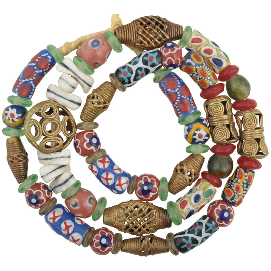 African Trade Beads Strand - Krobo Glass & Brass Beads 10-20Mm