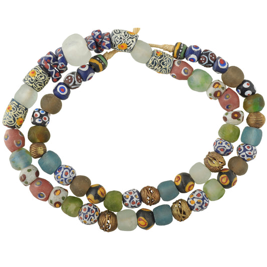 African Trade Beads: Krobo Glass & Brass Beads Strand 10-14Mm