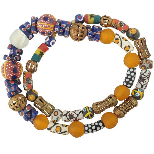 African Trade Beads: Krobo Glass & Brass Beads Strand 8-22Mm
