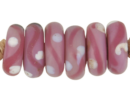 Rare Antique Pink Pineapple Venetian Wound Glass Trade Beads - 6 Disks - close-up