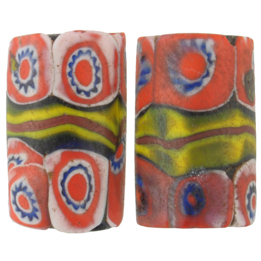 Antique Banded Venetian Millefiori Mosaic Glass Trade Beads Pair, 16X10Mm