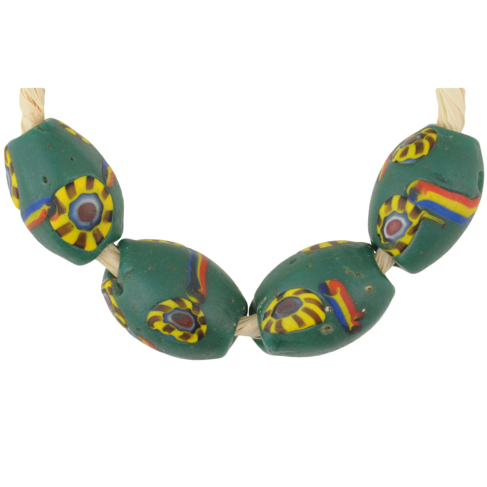 Rare Antique Green Oval Millefiori Mosaic Glass African Trade Beads - 13Mm