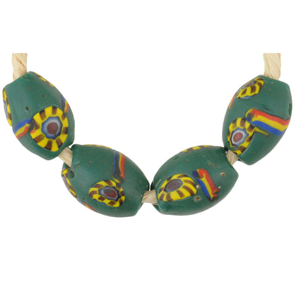 Rare Antique Green Oval Millefiori Mosaic Glass African Trade Beads - 13Mm