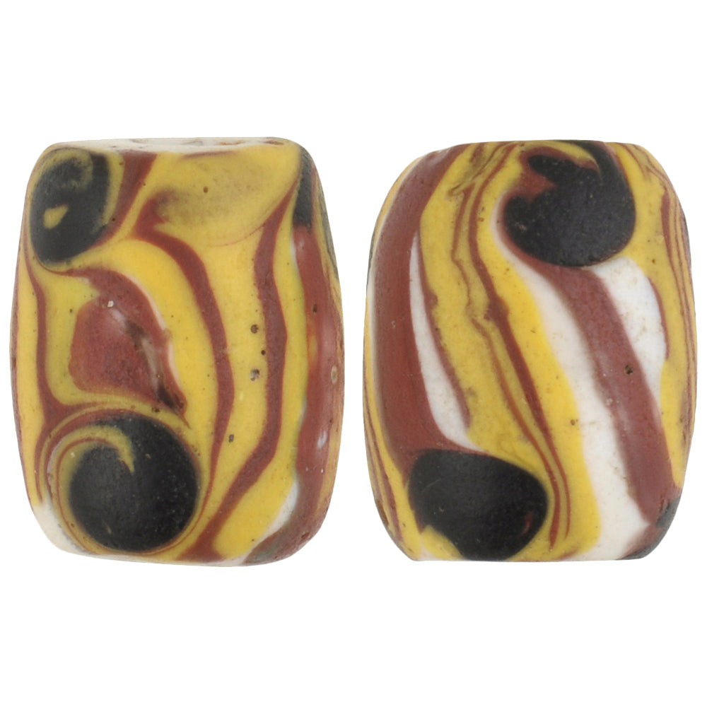 Rare Antique Oval "Fancy" Venetian Wound Glass Trade Beads Pair - 13X10Mm