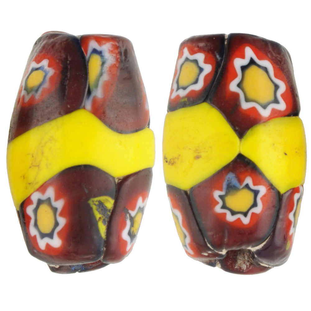 Rare Antique Banded Oval Millefiori Venetian Mosaic Glass Trade Beads, 17X11Mm