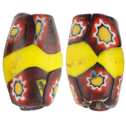 Rare Antique Banded Oval Millefiori Venetian Mosaic Glass Trade Beads, 17X11Mm