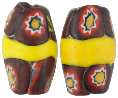 Rare Antique Banded Oval Millefiori Venetian Mosaic Glass Trade Beads, 17X11Mm - close-up
