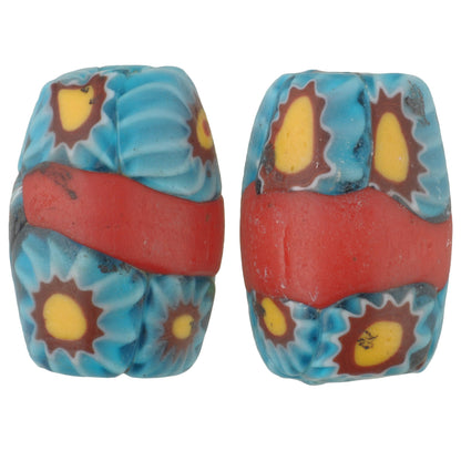 Antique Red Banded Oval Venetian Millefiori Mosaic Trade Beads, 15X10Mm