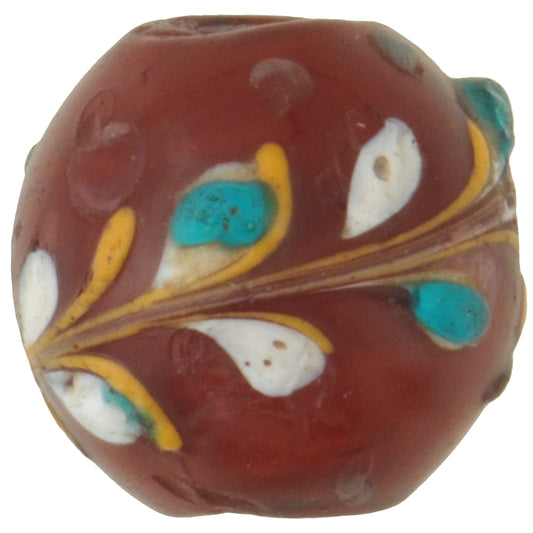 Rare Antique Venetian Floral White Heart Lampwork Glass Trade Bead, 13X12Mm